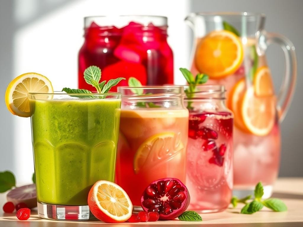 A vibrant arrangement of refreshing detox cleanse drinks, presented in a clean, minimalist style. In the foreground, a glass filled with a vibrant green smoothie, accented by fresh herbs and a lemon slice. In the middle ground, a mason jar brimming with a vivid red beet-based elixir, complemented by floating pomegranate seeds. In the background, a carafe of infused water, its translucent hue accentuated by sliced citrus fruits and sprigs of mint. Soft, natural lighting casts a warm, inviting glow, highlighting the purity and vitality of these nourishing beverages. The overall composition conveys a sense of balanced wellness and a healthy lifestyle.