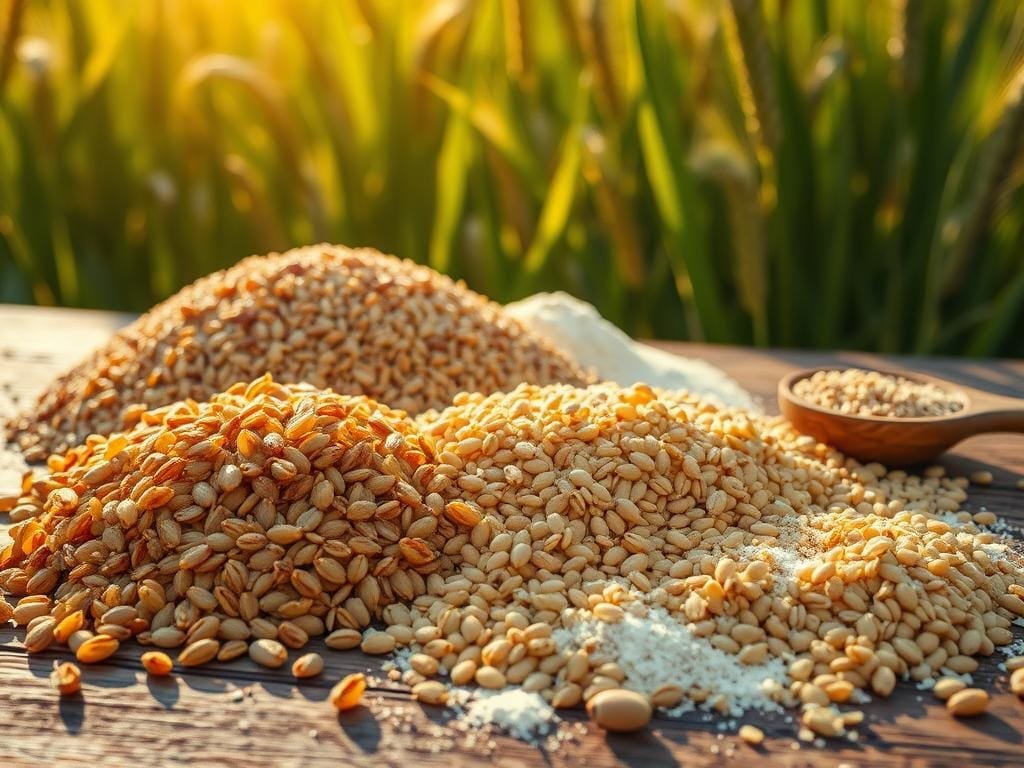 A vibrant assortment of whole grains, bathed in warm, golden light. In the foreground, a medley of hearty grains - plump brown rice, earthy quinoa, nutty barley, and sun-kissed millet - spilled across a rustic wooden surface. Behind them, a scattering of freshly milled flour and a few whole grain kernels, casting intriguing shadows. In the background, a lush, verdant field of waving grain stalks, conveying a sense of nature's bounty. The scene is captured with a wide, cinematic lens, creating depth and a sense of abundance. The overall mood is one of nourishment, wholeness, and the simple pleasures of a wholesome, plant-based diet.