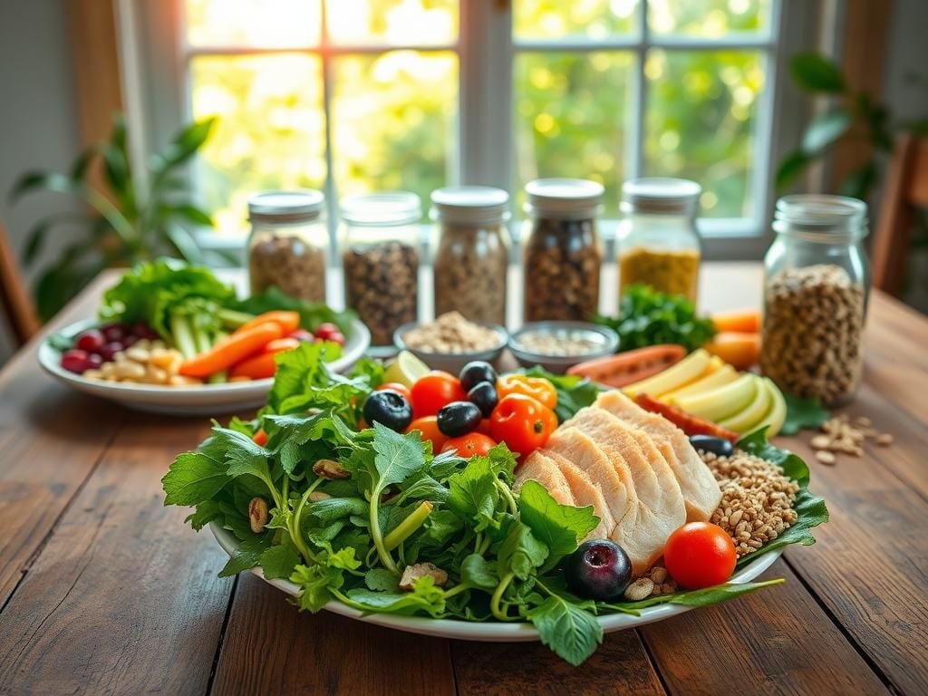 A vibrant, meticulously prepared healthy meal spread across a rustic wooden table. In the foreground, a plate overflows with a colorful assortment of fresh greens, crisp vegetables, lean protein, and whole grains. Artfully arranged, the ingredients convey balance, nutrition, and appealing texture. In the middle ground, glass jars filled with seeds, nuts, and berries stand ready to add crunch and vital nutrients. The background features a window overlooking a lush, sun-dappled garden, casting a warm, natural glow over the scene. The overall mood is one of wellness, mindfulness, and the joyful simplicity of nourishing one's body.
