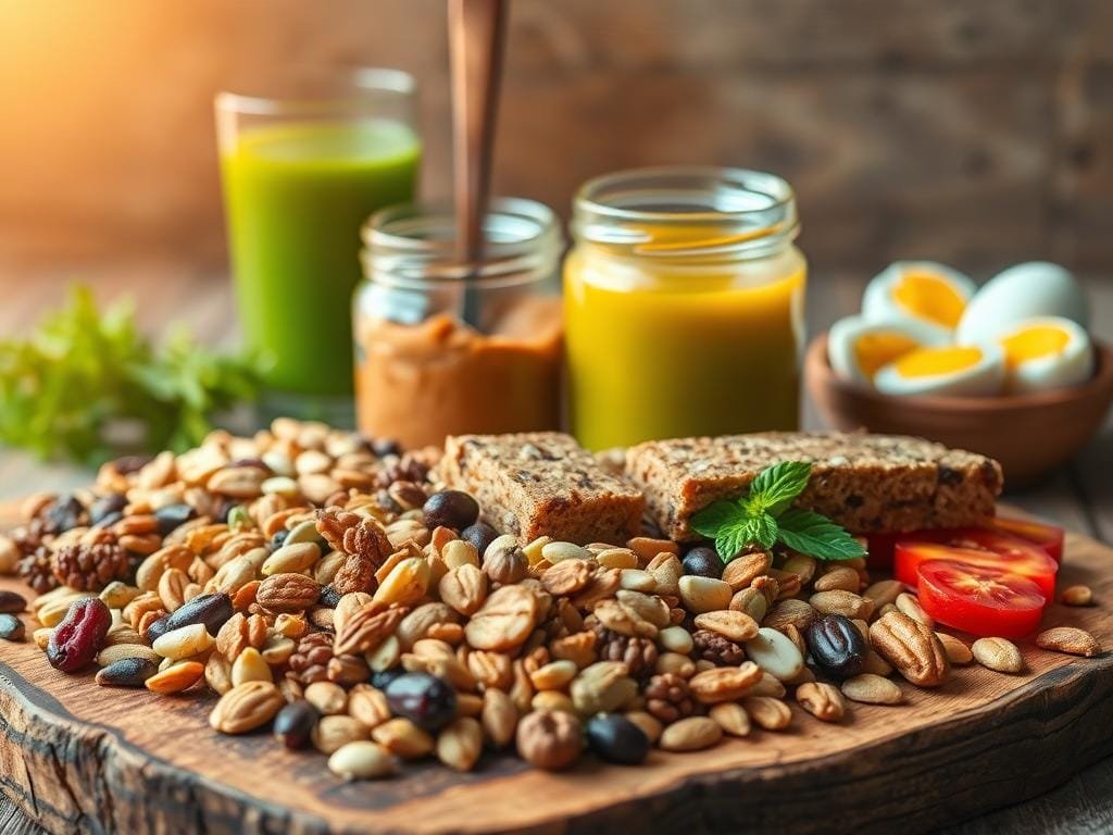 A vibrant still life scene of various protein-rich snacks, captured in warm, natural lighting. In the foreground, an assortment of nuts, seeds, and dried fruits artfully arranged on a rustic wooden board. In the middle ground, a glass jar filled with creamy nut butter and a handful of high-protein energy bars. In the background, a glass of fresh vegetable juice and a small bowl of hard-boiled eggs. The overall composition evokes a sense of nourishment and balance, perfect for a satisfying protein-packed snack.