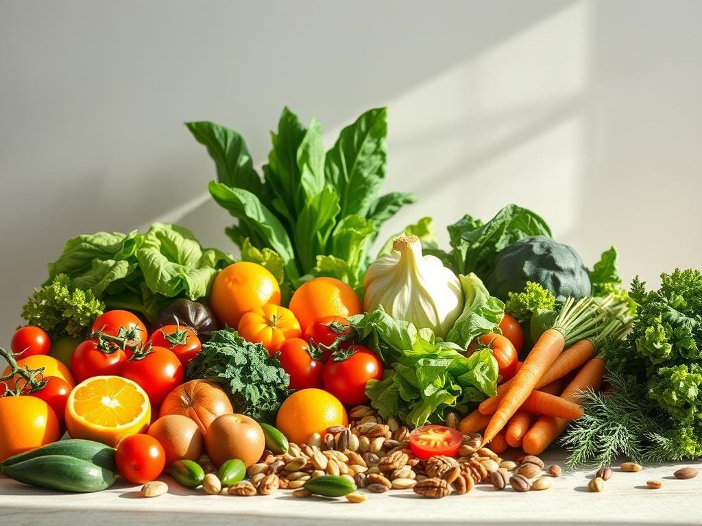 A vibrant still life showcasing the nutritional abundance of plant-based foods. In the foreground, an array of colorful fruits and vegetables - lush green leafy greens, vibrant red tomatoes, juicy oranges, and crunchy carrots - arranged artfully against a muted backdrop. Soft, natural lighting bathes the scene, creating a warm, inviting atmosphere. The mid-ground features a scattering of plant-based protein sources like nuts, seeds, and legumes, highlighting the diverse nutritional profile of this lifestyle. The background subtly suggests a serene, minimalist environment, allowing the produce to take center stage and communicate the many benefits of a plant-based diet.