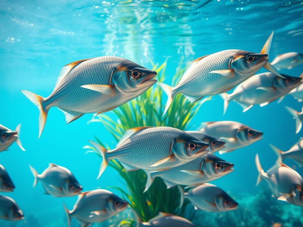 A vibrant, underwater scene showcasing a school of silver-scaled fish swimming against a backdrop of serene blue waters. The fish are in the foreground, their graceful movements and healthy appearance conveying the idea of nourishment and weight management. The middle ground features a lush, underwater plant life, while the background depicts sunlight filtering through the water, creating a warm, natural ambiance. The lighting is soft and diffused, highlighting the translucent fins and the shimmering scales of the fish. The camera angle is slightly elevated, providing a dynamic perspective that draws the viewer into the serene, aquatic environment. The overall atmosphere is one of tranquility, health, and the inherent benefits of incorporating nutritious, omega-3-rich fish into one's diet for weight loss.
