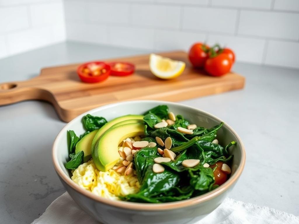 A visually appealing low-carb breakfast bowl scene, captured with a wide-angle lens in soft, natural lighting. In the foreground, a ceramic bowl brimming with colorful, nutrient-dense ingredients - scrambled eggs, avocado slices, sautéed spinach, and a sprinkle of crushed almonds. In the middle ground, a wooden cutting board showcases freshly sliced tomatoes and a wedge of lemon. The background features a minimalist kitchen counter, with a subtle pattern of white subway tiles providing a clean, modern backdrop. The overall composition conveys a sense of simplicity, balance, and a commitment to a healthful, satisfying start to the day.