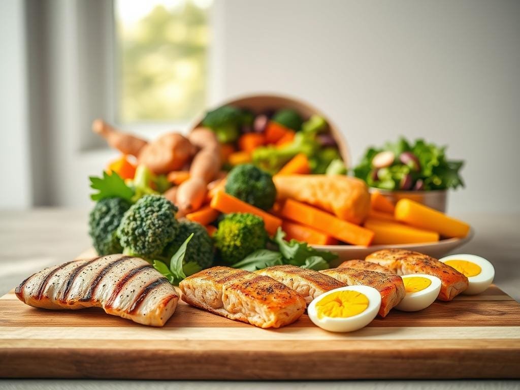 A visually appealing still life showcasing a variety of high-protein lunch options. In the foreground, a wooden board displays a selection of grilled chicken breast, roasted salmon filets, and boiled eggs. In the middle ground, an array of colorful vegetables such as roasted sweet potatoes, steamed broccoli, and a mixed green salad. The background features a neutral, minimalist setting with soft, even lighting from a large window, creating a clean and inviting atmosphere. The overall composition emphasizes the freshness, nutritional value, and convenience of these portable, high-protein meal ideas.