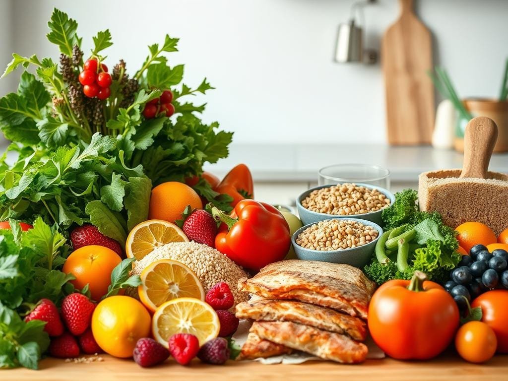 A visually balanced and harmonious composition showcasing the key elements of a nutritious, well-rounded diet. In the foreground, a variety of fresh, vibrant fruits and vegetables - leafy greens, vibrant berries, crisp bell peppers, and juicy citrus - arranged in an aesthetically pleasing manner. In the middle ground, whole grains such as quinoa, brown rice, and whole wheat bread, along with lean protein sources like grilled chicken, salmon, and legumes. In the background, a clean, softly-lit kitchen counter or table, conveying a sense of simplicity, wholesomeness, and accessibility. The lighting is natural and diffused, creating a warm, inviting atmosphere. The overall mood is one of balance, health, and approachability, reflecting the principles of a nutritious, well-balanced diet.