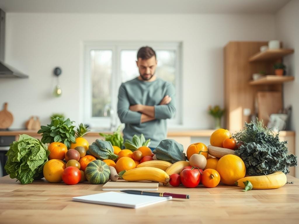A well-lit, airy kitchen interior with a wooden table in the foreground. On the table, an assortment of fresh, colorful fruits and vegetables, neatly arranged, along with a notebook and a pen. In the middle ground, a person standing, examining the contents of the table with a thoughtful expression. Soft, natural lighting illuminates the scene, creating a warm, inviting atmosphere. The background features minimalist decor, allowing the focus to remain on the healthy eating assessment process.