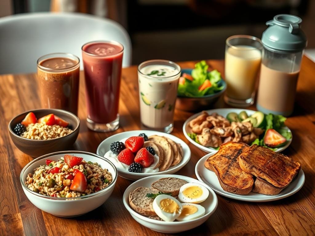 A well-lit, appetizing still life of seven nutritious post-workout meals arrayed on a wooden table. In the foreground, a hearty quinoa and veggie bowl, a Greek yogurt parfait with fresh berries, and a grilled chicken and sweet potato plate. In the middle ground, a protein-rich smoothie in a glass, a tuna and avocado salad, and a plate of hard-boiled eggs and whole grain toast. In the background, a glass of water and a shaker bottle filled with a recovery shake. The lighting is warm and natural, accentuating the vibrant colors and textures of the healthy, energy-boosting foods.
