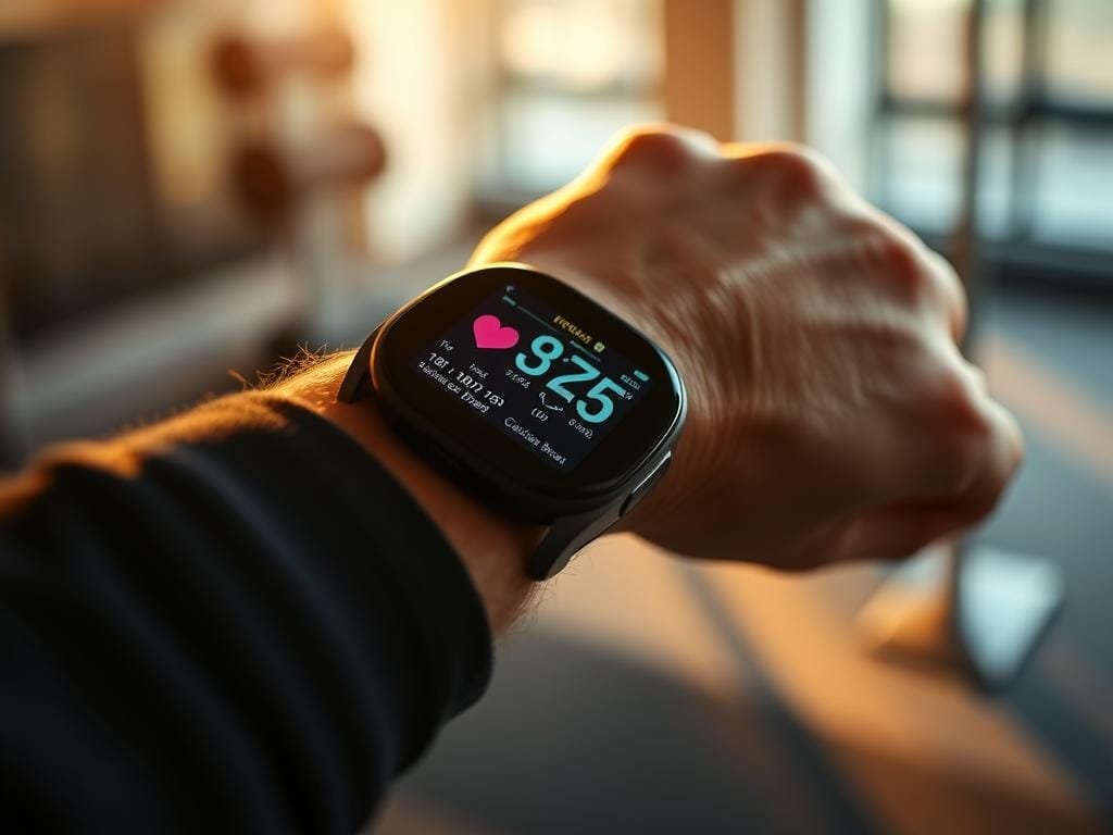 A well-lit, cinematic close-up of a person's wrist wearing a sleek, modern fitness tracker. The tracker's display shows various metrics like heart rate, steps, and calories burned. The background is a blurred, minimalist scene with hints of a gym or fitness studio, emphasizing the tracker's role in an active, health-conscious lifestyle. Warm, natural lighting casts a soft glow, creating a sense of focus and clarity. The composition highlights the tracker's design and the wearer's engagement with the device, conveying the benefits of using such technology to monitor and improve one's fitness.
