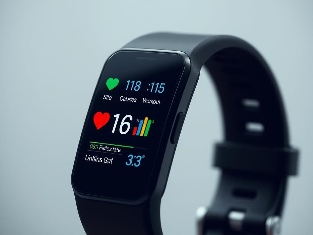 A well-lit, close-up shot of a modern fitness tracker display, showcasing a range of detailed metrics and ratings. The tracker's sleek, minimalist design is prominently featured, set against a muted, neutral background that allows the information to take center stage. The display shows various fitness data points, such as heart rate, steps taken, calories burned, and workout intensity levels, all presented in a clear, easy-to-read format. The overall composition conveys a sense of precision, functionality, and the importance of using a reliable fitness tracking device to monitor one's health and wellness.