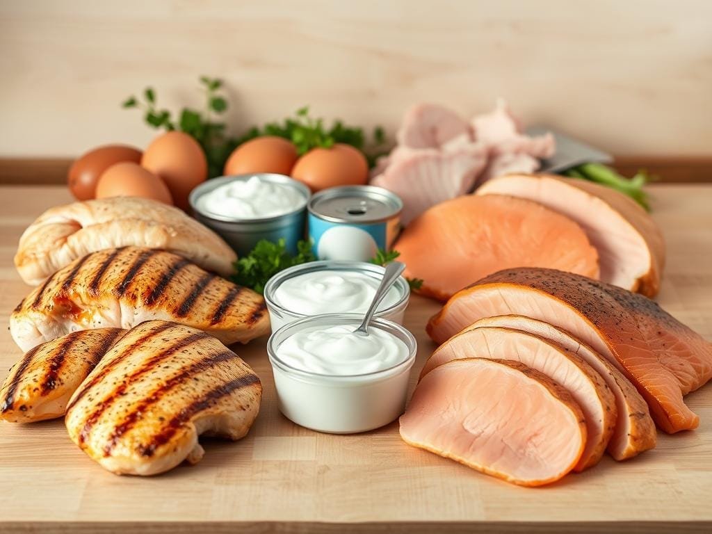 A well-lit, high-resolution still life of an assortment of lean protein sources arranged artfully on a wooden surface. In the foreground, a selection of grilled chicken breasts, pan-seared salmon fillets, and sliced turkey breast. In the middle ground, a collection of eggs, Greek yogurt, and a can of tuna. In the background, a few sprigs of fresh herbs and a clean, neutral-toned backdrop to emphasize the healthy, natural ingredients. The lighting is soft and diffused, creating a warm, inviting atmosphere that highlights the vibrant colors and textures of the proteins. The overall composition is balanced and visually appealing, showcasing the diverse range of lean, nutritious options for building healthy, satisfying meals.