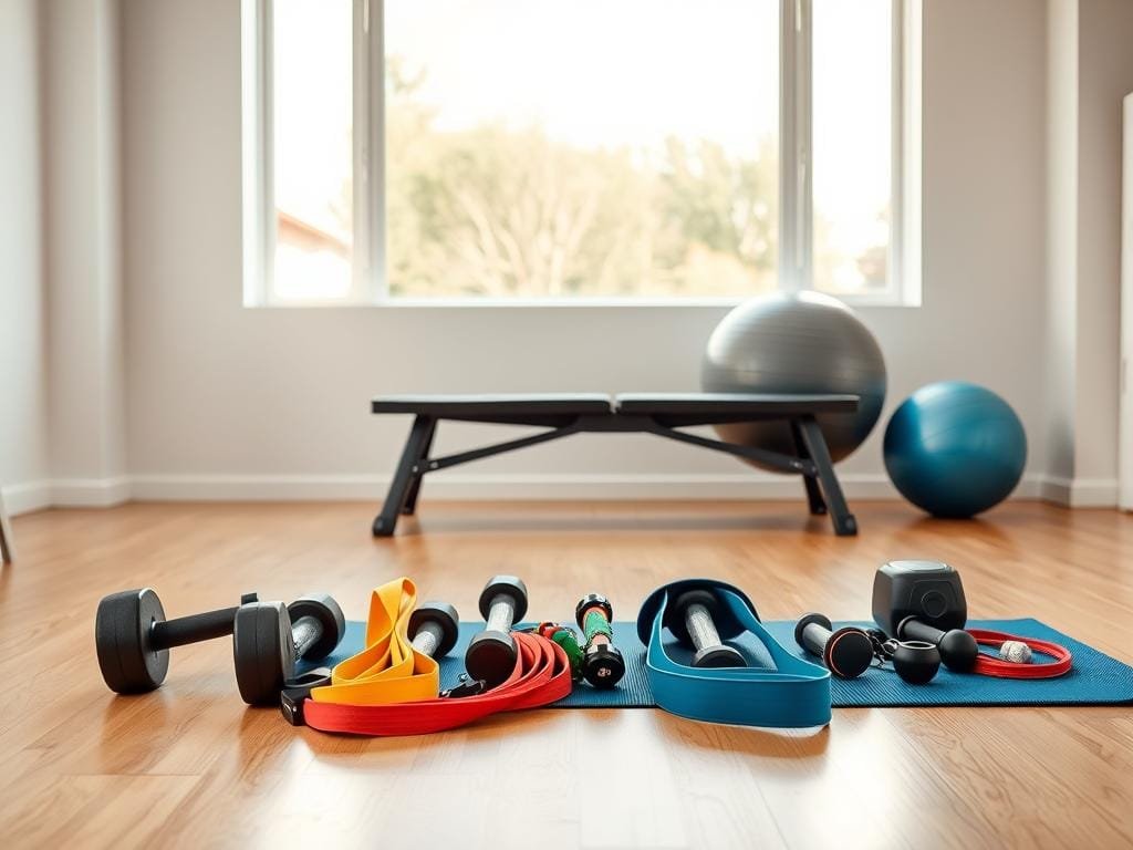 A well-lit home gym setting with an array of basic workout equipment arranged neatly in the foreground. Centered are a set of dumbbells, resistance bands, and a yoga mat. In the middle ground, a sturdy exercise bench and a stability ball sit atop a sleek wooden floor. The background features a minimalist white wall, with natural light streaming in from a large window, casting a warm, inviting glow over the scene. The overall composition conveys a sense of simplicity, practicality, and accessibility, suitable for a beginner's home workout routine.