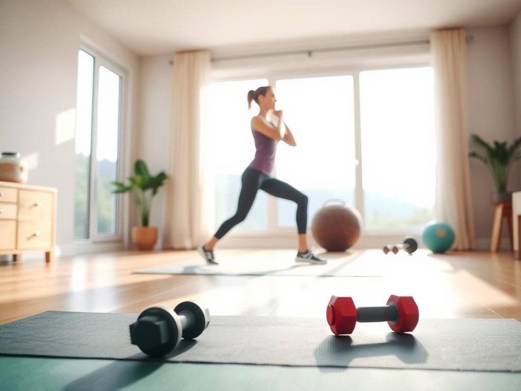 A well-lit home gym with simple, beginner-friendly workout equipment. In the foreground, a yoga mat and a pair of dumbbells. In the middle, a person performing a basic strength training exercise like a squat or a lunge, dressed in comfortable athletic wear. The background features a large window overlooking a peaceful, natural landscape, with soft, natural lighting filtering in. The overall mood is calm, inviting, and encouraging, inspiring the viewer to try these accessible, low-impact exercises at home.