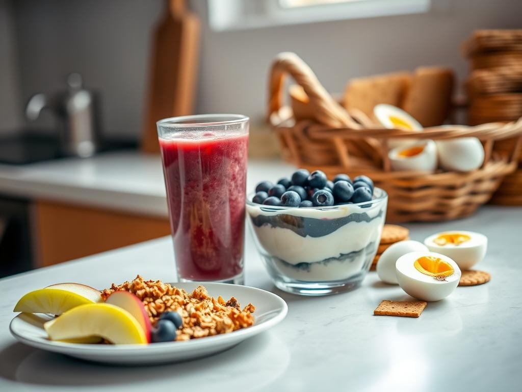 A well-lit kitchen counter showcases an array of healthy post-workout snacks. In the foreground, a plate displays sliced apples, almond butter, and granola. Beside it, a smoothie glass filled with a vibrant berry blend and a sprinkle of chia seeds. In the middle ground, a bowl of Greek yogurt is topped with fresh blueberries and a drizzle of honey. The background features a basket of hard-boiled eggs and a stack of whole-grain crackers. The lighting is warm and natural, creating a cozy and inviting atmosphere, perfect for refueling after an intense workout session.