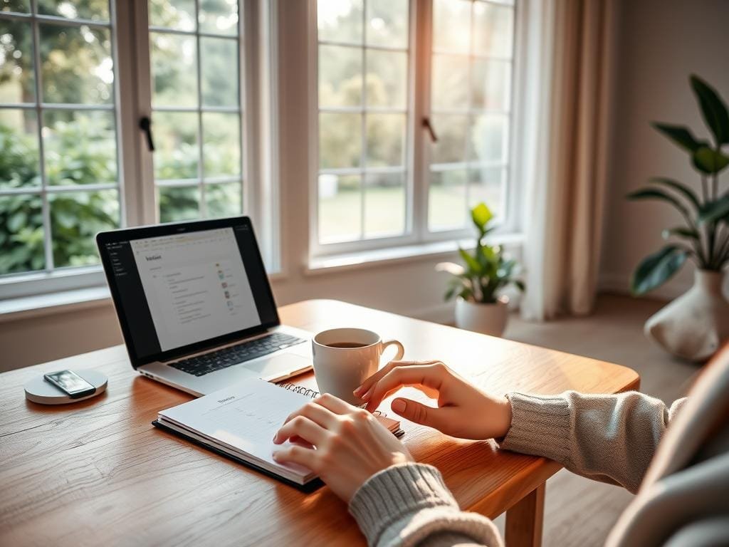A well-lit, minimalist home office with large windows overlooking a serene garden. On a tidy wooden desk, a planner, a cup of hot coffee, and a laptop with a to-do list on the screen. In the foreground, a person's hands typing on the keyboard, dressed in comfortable yet professional attire. Soft, natural lighting filters through the windows, creating a warm, productive atmosphere. The background features lush greenery and a calm, meditative feeling, conveying a sense of focus and balance in the morning routine.
