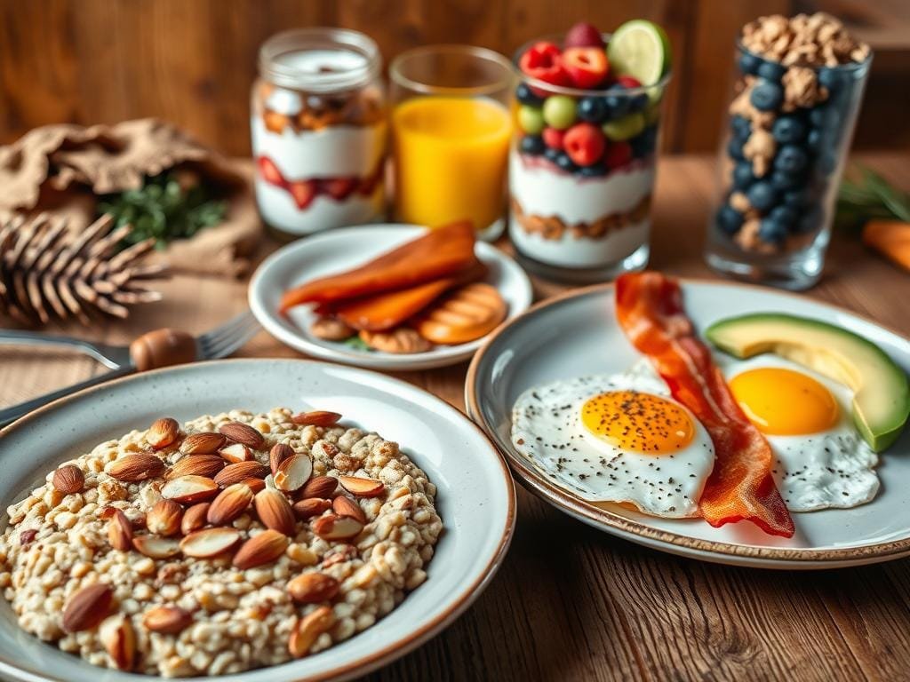 High-protein breakfast spread with a variety of wholesome, nutrient-dense ingredients. In the foreground, a plate showcases a hearty bowl of steel-cut oats topped with sliced almonds, chia seeds, and a drizzle of honey. Alongside, a plate features two farm-fresh eggs cooked sunny-side up, accompanied by crispy turkey bacon and a side of avocado slices. In the middle ground, a glass of freshly squeezed orange juice and a yogurt parfait with layered Greek yogurt, mixed berries, and granola. The background features a natural, earthy setting with wooden accents, creating a cozy, inviting atmosphere. Soft, warm lighting illuminates the scene, emphasizing the vibrant colors and textures of the high-protein breakfast items.