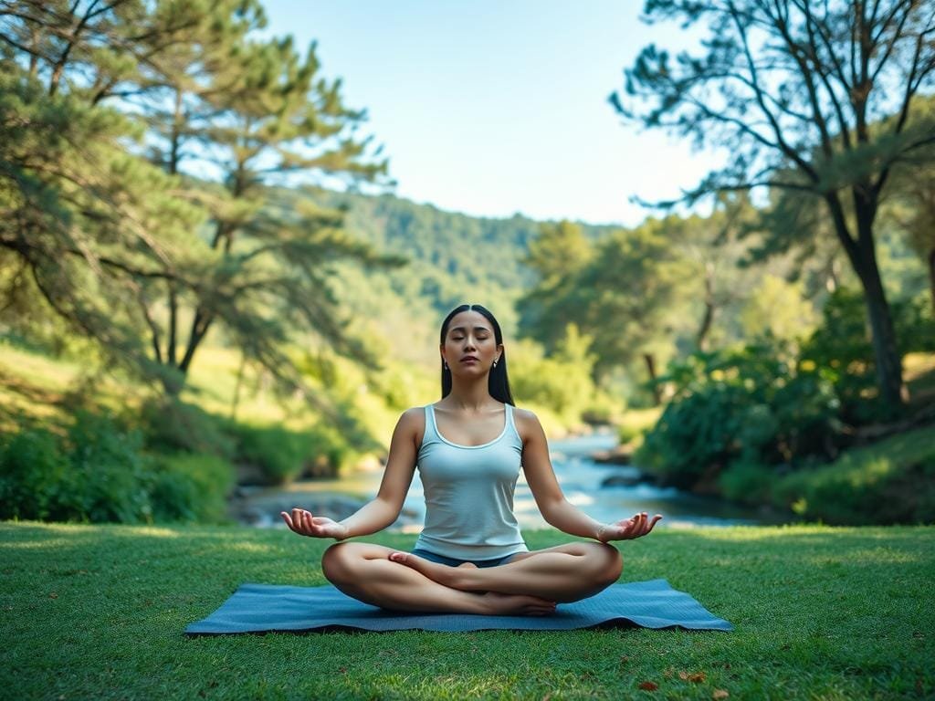 Tranquil scene of a person practicing relaxation techniques amidst a serene natural setting. In the foreground, a person sits cross-legged on a mat, eyes closed, hands in a meditative pose, exuding a sense of inner calm. Surrounding them, a lush, verdant landscape with swaying trees, a gently flowing stream, and a clear, blue sky above, bathed in soft, diffused lighting. The overall atmosphere is one of harmony, peace, and mindfulness, showcasing the benefits of natural stress-relief methods.