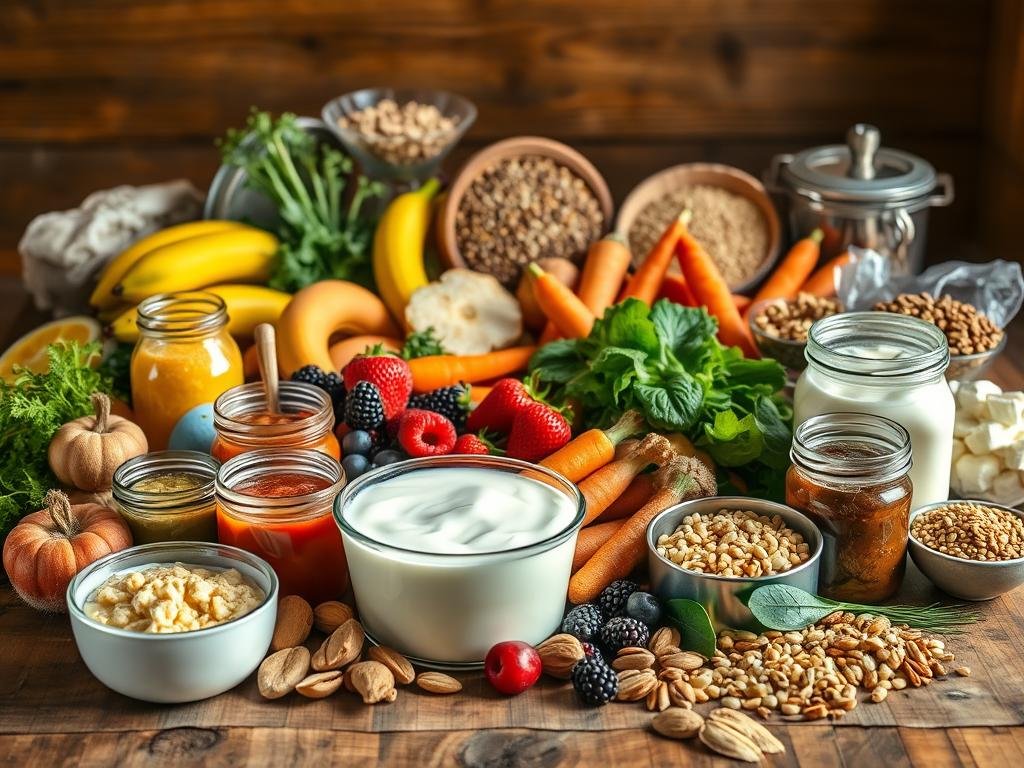 A bountiful array of probiotic-rich foods arranged on a rustic wooden table, illuminated by warm, natural lighting. In the foreground, an assortment of fermented items like yogurt, kefir, sauerkraut, and kimchi, each showcasing their vibrant colors and textures. The middle ground features various fruits and vegetables, such as bananas, berries, leafy greens, and carrots, highlighting their nutritional value. In the background, a selection of whole grains, nuts, and seeds, complementing the probiotic-dense selections. The overall composition conveys a sense of abundance, health, and the many natural ways to incorporate live active cultures into one's diet.