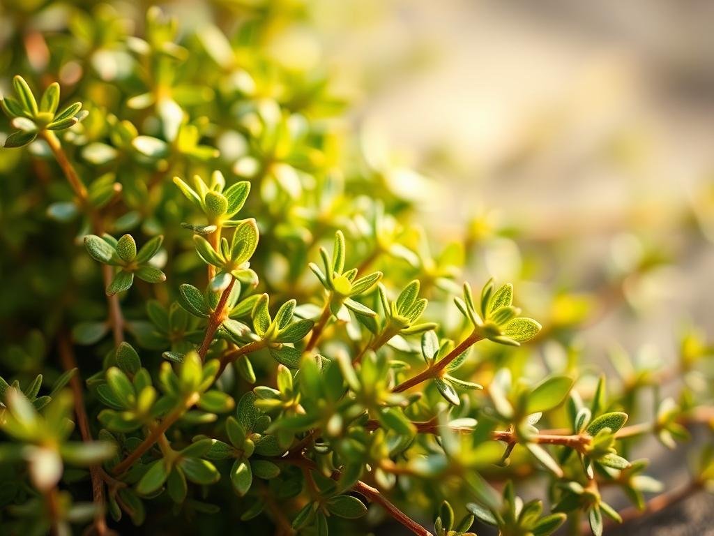 A close-up, high-resolution photograph of freshly harvested thyme sprigs with vibrant green leaves, set against a soft, out-of-focus background. The sprigs are arranged in a natural, organic manner, showcasing the intricate details of the plant's delicate foliage and stems. The lighting is warm and diffused, creating a serene, almost ethereal atmosphere that highlights the plant's natural beauty and its potential for medicinal properties. The image should convey a sense of the thyme's antimicrobial prowess, with a focus on its visual appeal and the inherent qualities that make it a valuable herbal remedy.