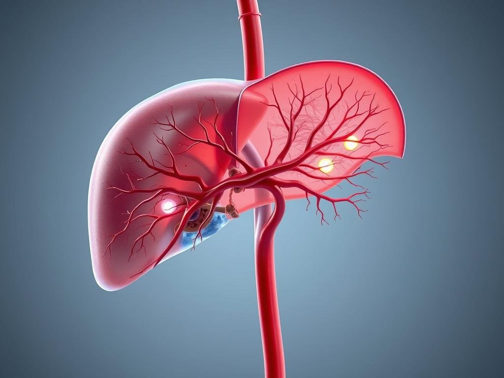 A detailed anatomical cross-section depicting the metabolic processes of the liver, showcasing its intricate network of blood vessels and cellular structures. The image should convey a sense of scientific precision and visual clarity, with a color palette that emphasizes the organ's vital functions. Utilize a neutral, clinical lighting setup that highlights the liver's intricate internal architecture, capturing the delicate balance of blood sugar regulation and metabolic pathways. Render the scene with a level of detail that would be suitable for an educational or medical illustration, without any extraneous elements or distractions.