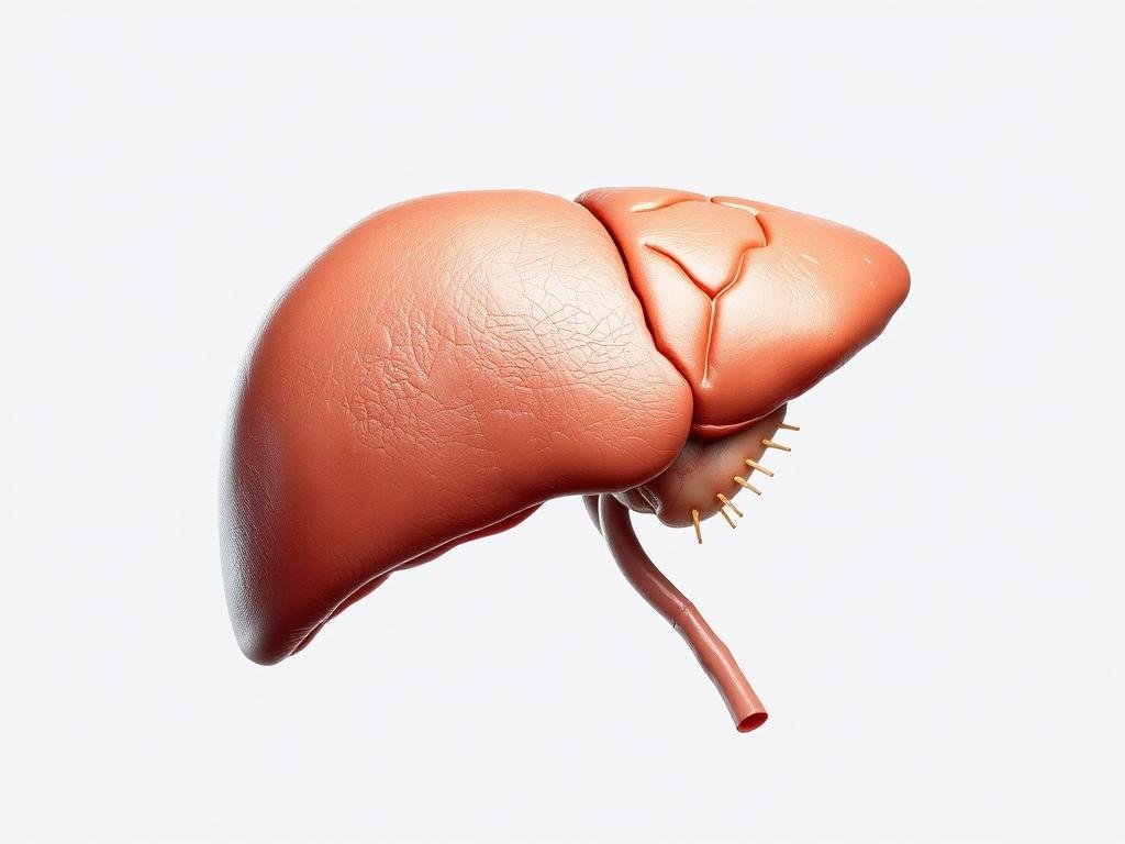 A detailed, anatomically accurate image of a human liver, isolated against a clean, neutral background. The liver should be shown in a profile or three-quarter view, with a clear, well-lit rendering of its distinctive lobes, textures, and vascular structures. The lighting should be soft and directional, casting subtle shadows to highlight the organ's form and internal complexity. The overall mood should convey a sense of scientific clarity and clinical focus, suitable for use in a medical or educational context.