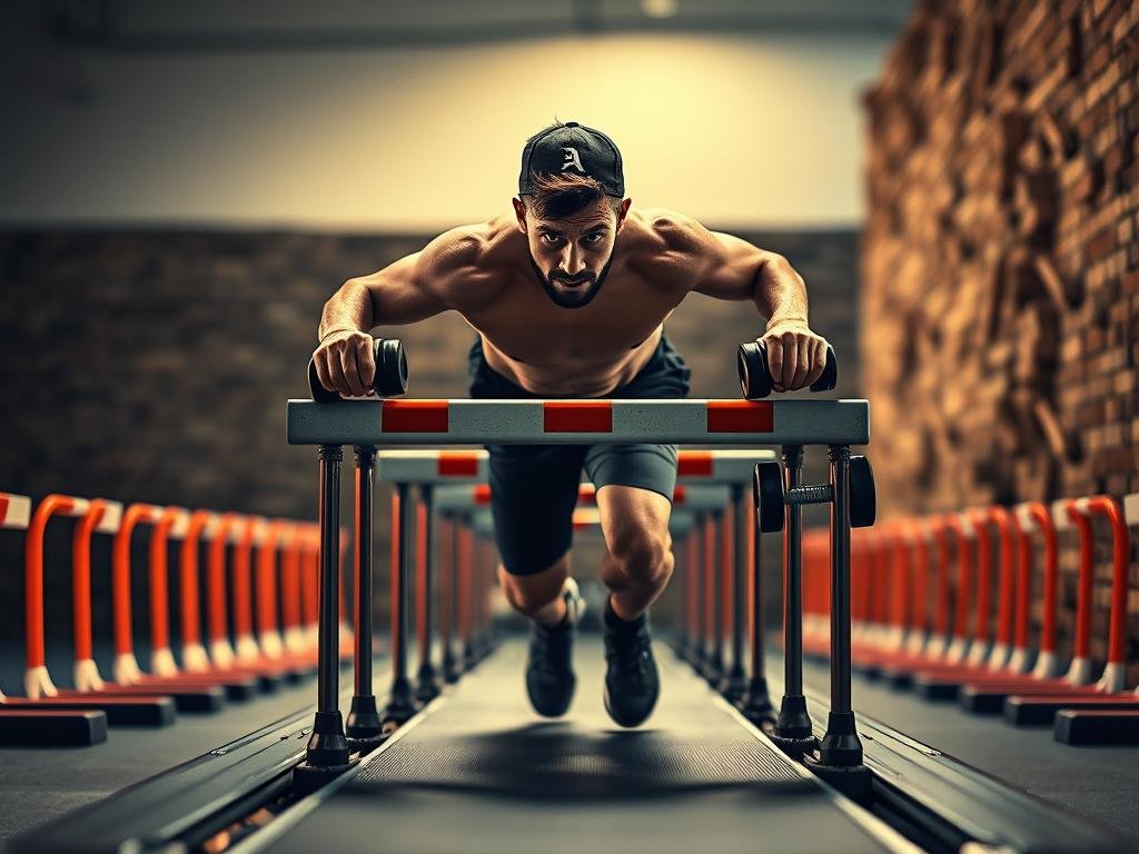 A determined individual overcoming various workout barriers, such as a treadmill filled with hurdles, dumbbells weighing them down, and a towering wall blocking their path. The scene is lit with warm, focused lighting, creating a sense of determination and perseverance. The perspective is slightly elevated, capturing the subject's struggle and journey towards their fitness goals. The background is blurred, keeping the focus on the foreground obstacles and the person's unwavering resolve to push through them. The mood is one of empowerment, resilience, and the triumph of the human spirit over physical and mental challenges.