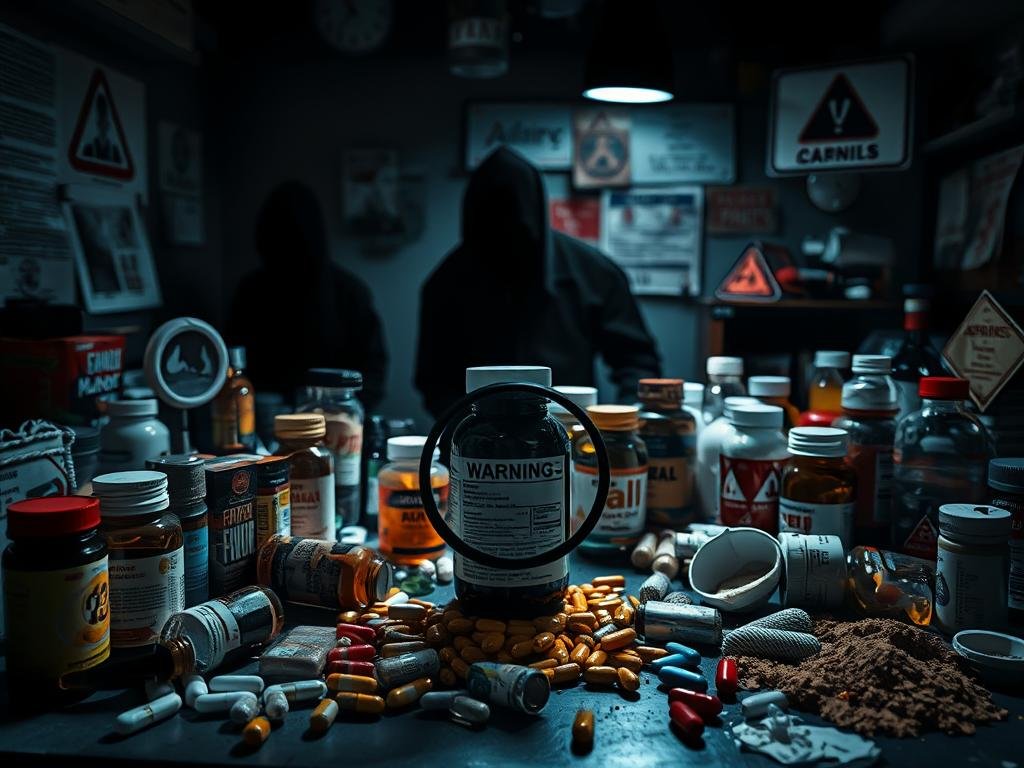 A dimly lit, cluttered desk strewn with various supplement bottles, capsules, and powders. In the foreground, a magnifying glass hovers over a suspect product, revealing hidden ingredients and warning labels. Shadowy figures in the background symbolize the deceptive market, with alerts and warning signs dotting the periphery. Dramatic lighting casts an ominous, cautionary mood, emphasizing the need to vigilantly scrutinize supplements for potential risks and tainted formulas. The scene conveys the central message of "Spotting Risky Products: Red Flags, Tainted Market Alerts, and Deceptive Claims".