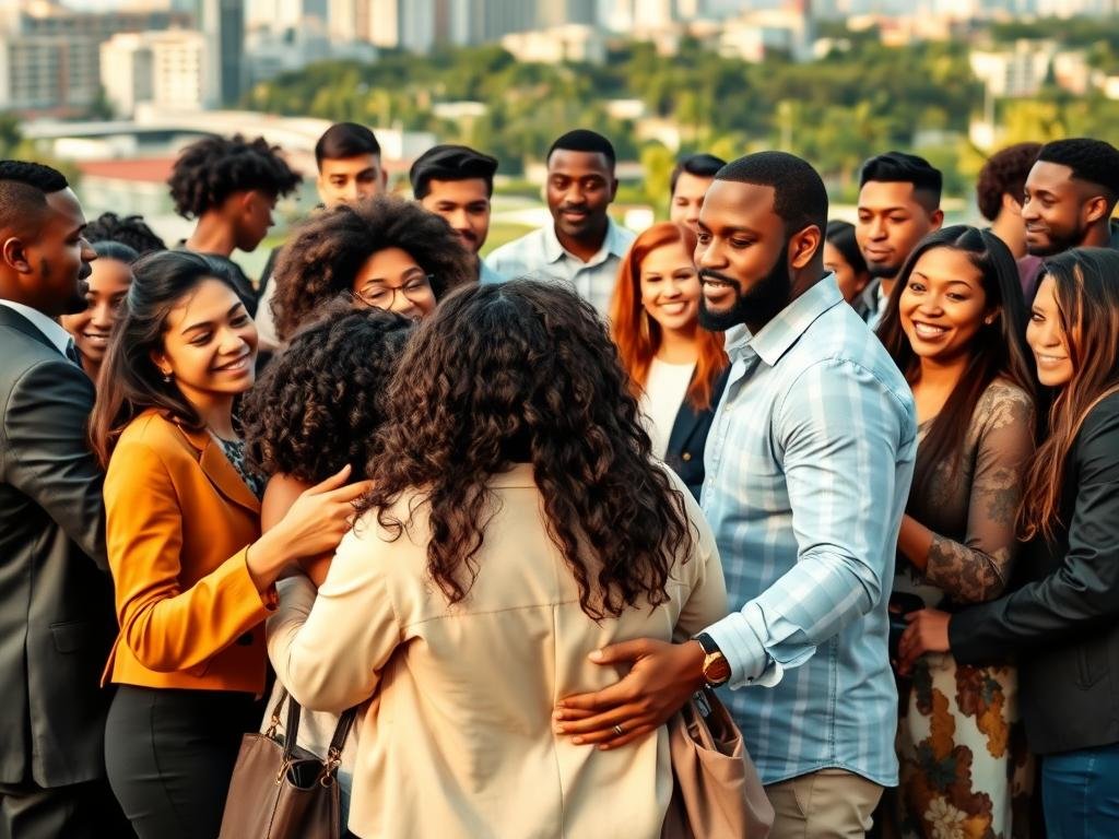 A diverse group of people overcoming social barriers, standing together in a vibrant and inclusive scene. In the foreground, individuals from different backgrounds embrace and connect, their faces lit by warm, natural lighting. In the middle ground, a mix of formal and casual attire symbolizes the diversity of the community. In the background, a cityscape with modern architecture and greenery creates an atmosphere of progress and unity. The overall mood is one of hope, empowerment, and the strength found in social connections.