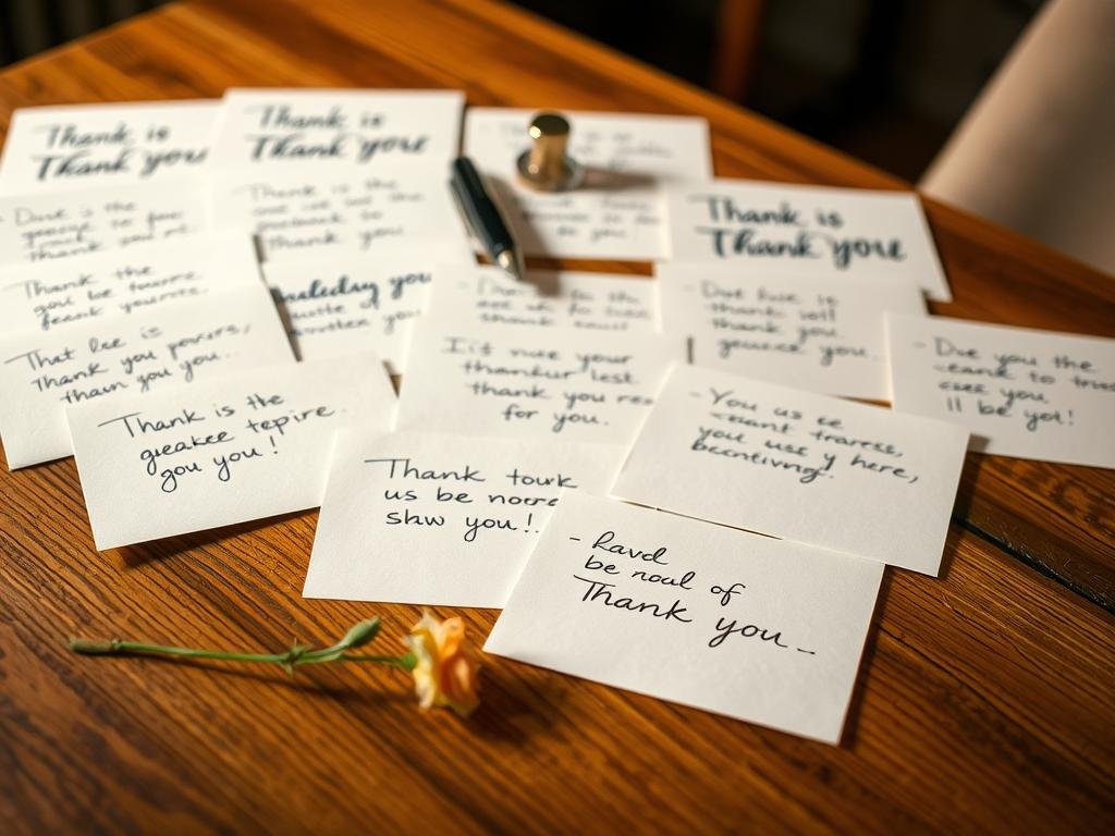A neatly arranged composition of handwritten thank-you notes on a wooden table, illuminated by soft, warm lighting. The notes are penned in various calligraphic styles and color palettes, conveying heartfelt expressions of gratitude. In the foreground, a single, delicate flower or leaf adds a natural, organic touch. The middle ground features a few carefully placed personal items, such as a fountain pen or a decorative paperweight, suggesting the personal, intimate nature of the scene. The background is blurred, creating a sense of depth and focus on the central elements. The overall mood is one of thoughtfulness, appreciation, and the strengthening of meaningful relationships.