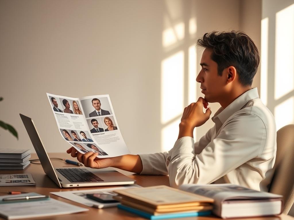 A person carefully examining and comparing profiles of various chiropractors, sitting at a desk with a laptop, surrounded by medical books and pamphlets. Soft, natural lighting illuminates the scene, creating a warm, contemplative atmosphere. The person's face is thoughtful, reflecting the importance of selecting the right healthcare professional. The background is a clean, minimalist office space, allowing the focus to remain on the decision-making process.