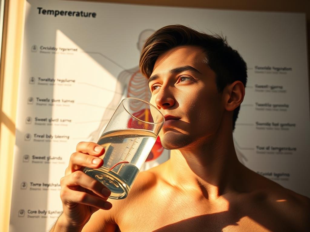 A person drinking a glass of water against the backdrop of a human body diagram, illuminated by warm natural lighting and captured from a slightly low angle. The diagram highlights key areas related to temperature regulation, such as the circulatory system, sweat glands, and core body temperature. The person's expression conveys a sense of refreshment and well-being, underscoring the importance of hydration for maintaining optimal bodily functions.