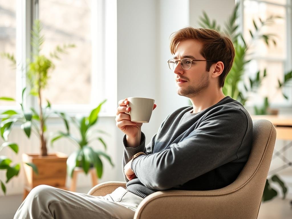 A person taking a short break, sitting comfortably on a chair in a bright, airy office. They are sipping a cup of tea, their gaze focused and calm, exuding a sense of rejuvenation. The background features tasteful greenery and a large window, allowing natural light to flood the space. The overall atmosphere conveys a balance of productivity and self-care, emphasizing the importance of strategic pauses for sustained energy and focus throughout the workday.