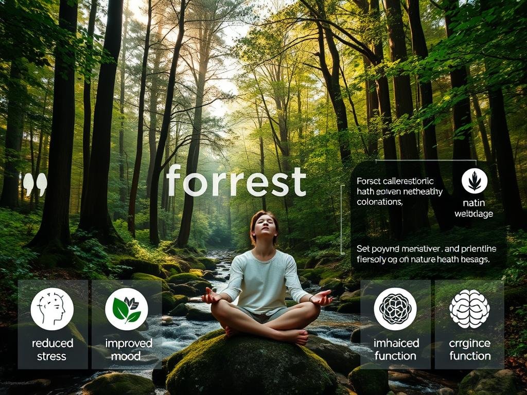 A serene forest setting with towering trees, lush foliage, and a peaceful stream flowing through the middle ground. Soft, diffused natural lighting filters through the canopy, creating a warm and calming atmosphere. In the foreground, a person sits cross-legged on a moss-covered rock, eyes closed, experiencing the restorative benefits of nature therapy. The background features a clean, minimalist design with scientific infographics and icons representing the various proven mental health benefits of forest bathing, such as reduced stress, improved mood, and enhanced cognitive function. The overall composition conveys a sense of harmony, tranquility, and the profound connection between nature and human well-being.