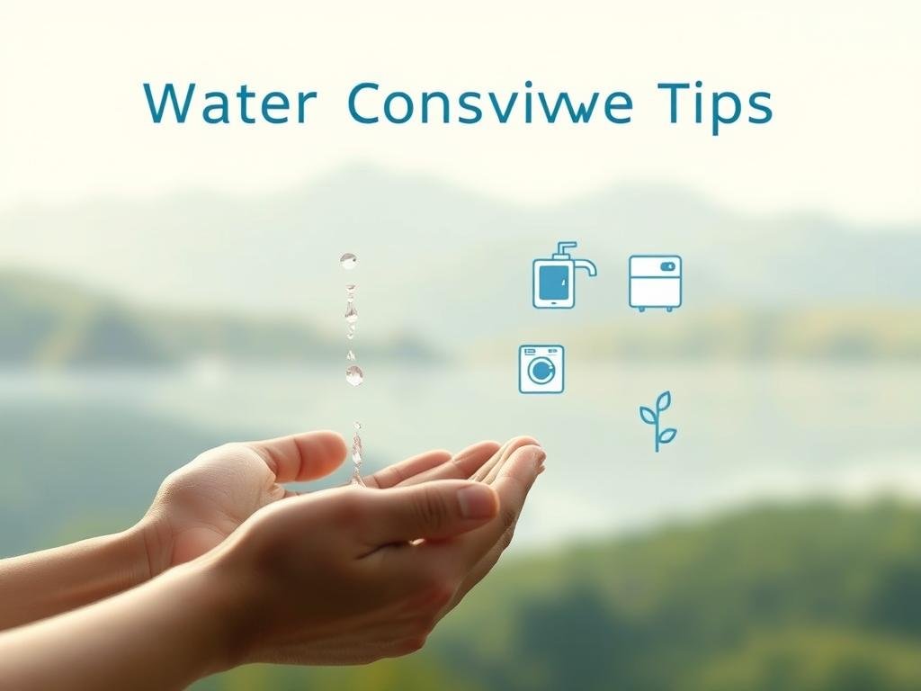A serene, minimalist illustration of water conservation tips. In the foreground, a person's hands cupping a stream of water, with droplets gently falling. In the middle ground, simple yet impactful tips depicted as icons: a tap, a shower, a washing machine, a plant. The background showcases a tranquil natural landscape, with soft, diffused lighting illuminating the scene. The overall mood is one of calm, responsibility, and environmental awareness, encouraging the viewer to adopt sustainable water practices in their daily life.