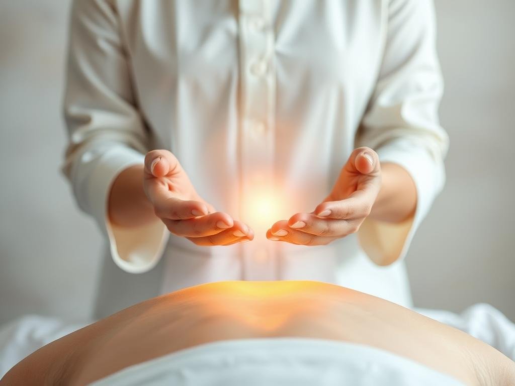 A serene scene of a Reiki practitioner's hands gently hovering over a person's body, radiating soothing energy to alleviate pain and anxiety. The subject is depicted in a soft, warm light, surrounded by a calming, abstract background of muted hues and gentle gradients. The composition emphasizes the connection between the practitioner and the recipient, creating a sense of tranquility and healing. The image conveys the holistic benefits of Reiki, capturing the essence of how this ancient practice can be incorporated into one's wellness routine to address specific conditions.