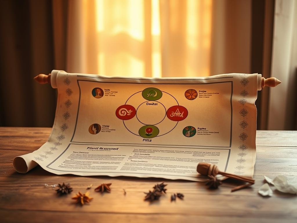 A serene, tranquil setting featuring a traditional Ayurvedic self-assessment scroll unfurled on a wooden table. The scroll displays a detailed diagram delineating the three primary doshas - Vata, Pitta, and Kapha - with each dosha represented by distinct symbols, colors, and textures. The background is bathed in warm, golden light, creating a soothing, contemplative atmosphere. A few carefully selected Ayurvedic herbs and spices surround the scroll, hinting at the holistic nature of this ancient practice. The composition is balanced and aesthetically pleasing, drawing the viewer's attention to the central element - the dosha self-assessment diagram.