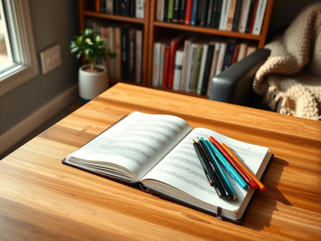 A serene workspace with a wooden table, a journal opened to a fresh page, and a selection of pens in various colors. The lighting is soft and natural, filtering in through a nearby window. In the background, a bookshelf filled with inspirational titles, a small plant, and a cozy throw blanket create a contemplative atmosphere. The scene conveys a sense of mindfulness and gratitude, inviting the viewer to pause and reflect.