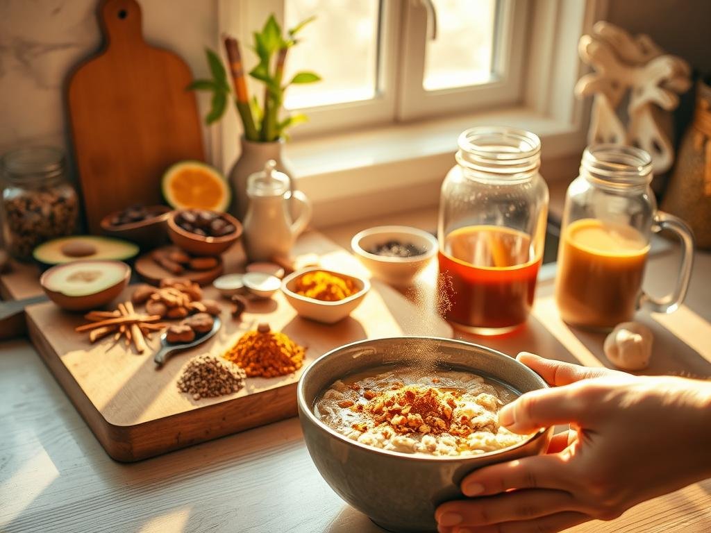 A sun-dappled kitchen counter, adorned with an assortment of earthy adaptogens - ashwagandha, reishi, turmeric, and maca. A wooden board holds sliced fruits, nuts, and herbs, while a glass jar filled with steaming tea sits nearby. The warm lighting casts a golden glow, creating a soothing, holistic atmosphere. In the foreground, a hand delicately sprinkles a pinch of adaptogenic powder into a bowl of creamy oatmeal, the steam rising and mingling with the scent of cinnamon. The scene evokes a sense of mindful nourishment, encouraging the viewer to incorporate these natural remedies into their daily wellness routine.