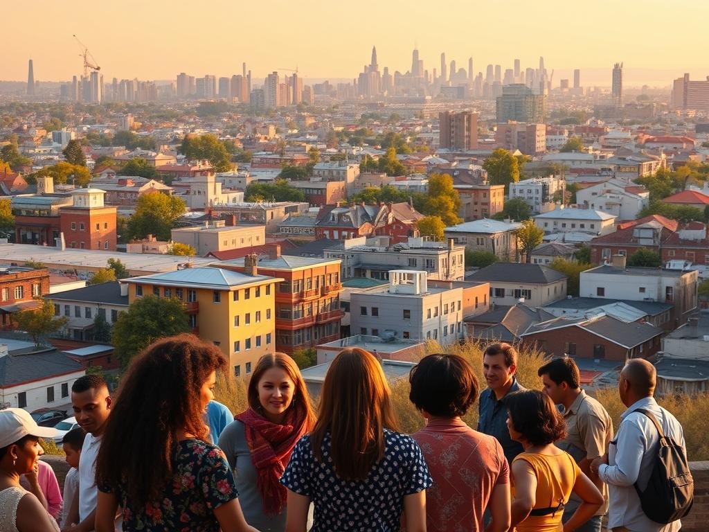 A vibrant cityscape with diverse neighborhoods and communities, highlighting the social determinants that shape public health. In the foreground, a group of individuals from different backgrounds interacting, showcasing the importance of social connections. In the middle ground, various public services and infrastructure such as schools, healthcare facilities, and community centers. In the background, a panoramic view of the city skyline, emphasizing the broader environmental and economic factors that influence wellbeing. The scene is bathed in warm, natural lighting, creating a sense of optimism and possibility. Captured through a wide-angle lens to convey the interconnectedness of these elements in a supportive health community.