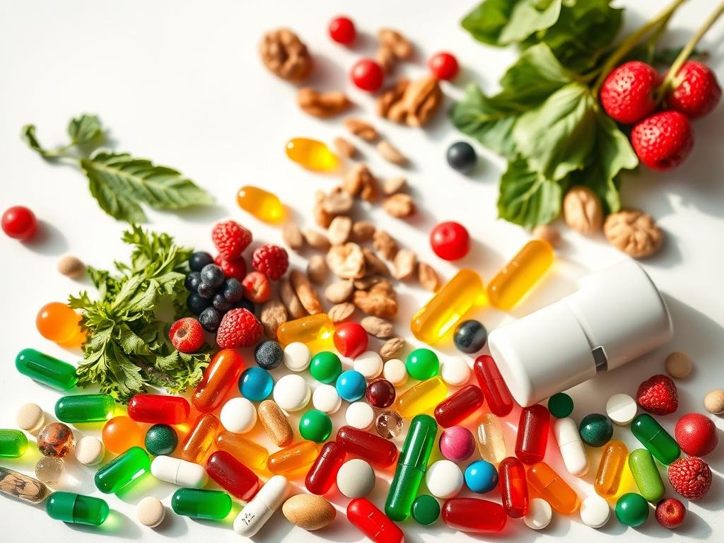 A vibrant still life of various supplements against a clean white background. In the foreground, an assortment of colorful vitamin and mineral capsules, tablets, and softgels are neatly arranged. The middle ground showcases a selection of nutrient-rich foods like leafy greens, berries, and nuts, symbolizing a balanced, whole-food approach. Soft, natural lighting casts subtle shadows, emphasizing the textural details of the scene. The overall mood is one of clarity, simplicity, and a focus on holistic health and wellness, reflecting the section title's emphasis on making informed choices about supplementation. A vibrant still life of various supplements against a clean white background. In the foreground, an assortment of colorful vitamin and mineral capsules, tablets, and softgels are neatly arranged. The middle ground showcases a selection of nutrient-rich foods like leafy greens, berries, and nuts, symbolizing a balanced, whole-food approach. Soft, natural lighting casts subtle shadows, emphasizing the textural details of the scene. The overall mood is one of clarity, simplicity, and a focus on holistic health and wellness, reflecting the section title's emphasis on making informed choices about supplementation.