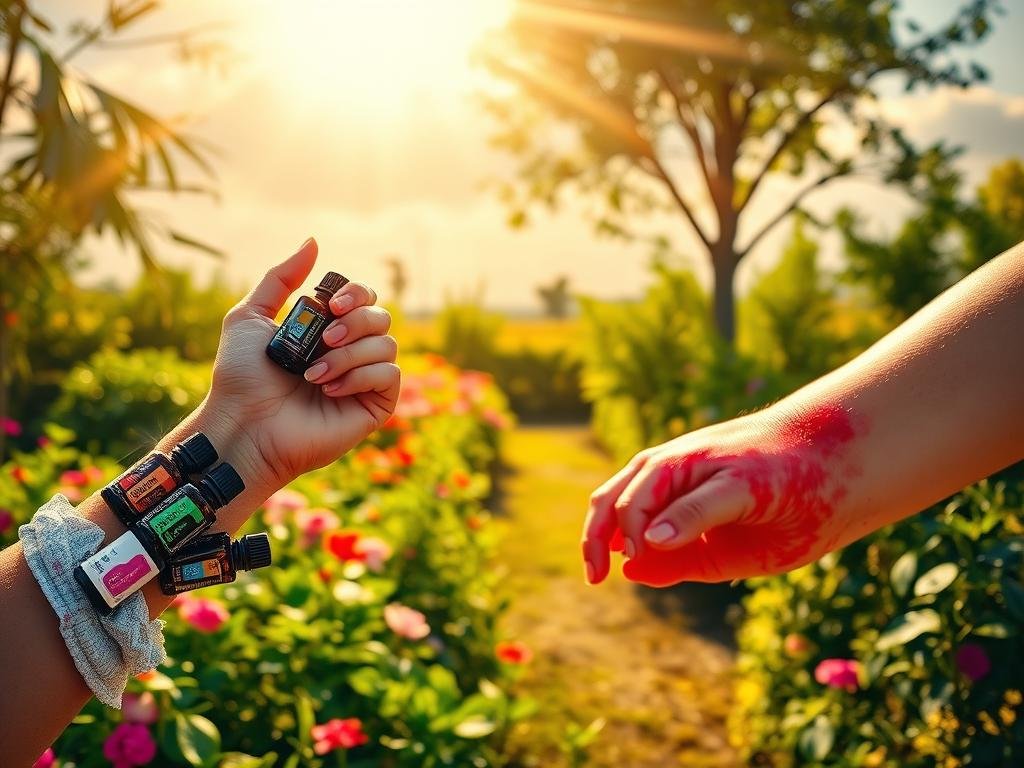 A vibrant, sun-dappled scene depicting the risks of photosensitivity from essential oils. In the foreground, a person's arm adorned with various essential oil bottles, their skin turning red and inflamed from sun exposure. In the middle ground, a lush garden with blooming flowers and verdant foliage, hinting at the natural beauty of essential oils. The background features a serene, cloudless sky with warm, golden sunlight streaming through. Crisp, high-resolution, photorealistic style, with a sense of cautionary tale and education about the importance of sun safety when using essential oils.