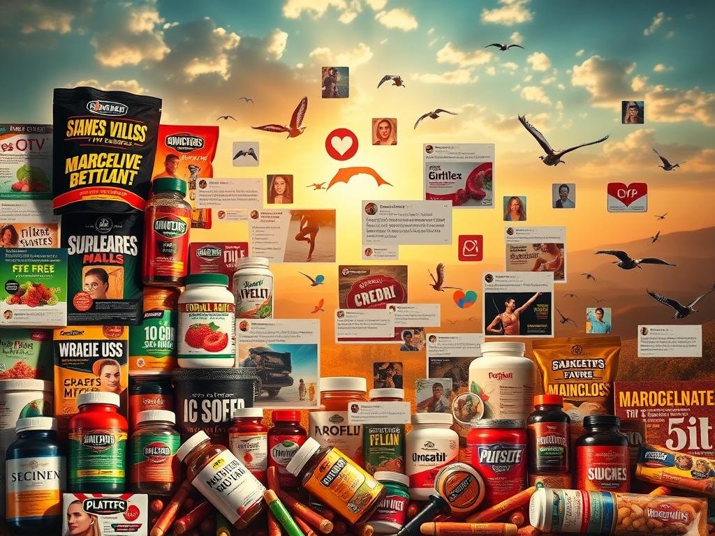 A vibrant, visually striking collage depicting the essence of marketing claims for supplements and health products. In the foreground, an array of eye-catching labels, packaging, and advertisements that promise miraculous benefits, enhanced with bold, stylized typography. The middle ground features a cascade of social media posts and influencer endorsements, creating a sense of hype and urgency. In the background, a hazy, dreamlike landscape that evokes the natural world, juxtaposed with the artificial, oversaturated marketing imagery. The lighting is dramatic, with a mix of warm and cool tones, creating a sense of visual tension. The overall composition is dynamic, drawing the viewer's attention to the contrast between the genuine and the exaggerated claims.