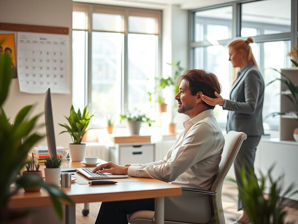 A warm, welcoming office setting with an employee comfortably working at a desk. The environment exudes a sense of flexibility and support, with a calendar, plants, and personal items visible. In the background, a manager engages with the employee, gesturing compassionately. Soft, natural lighting filters through large windows, creating a calming, productive atmosphere. The scene conveys an employer's dedication to cultivating a harmonious work-life balance for their staff.