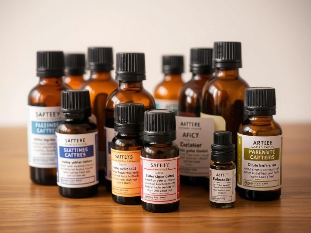 A well-lit, close-up photograph of various essential oil bottles and vials on a wooden table, with a clean, simple background. The bottles should have clear labels displaying safety information such as "Keep out of reach of children", "Avoid direct skin contact", and "Dilute before use". The lighting should be soft and natural, highlighting the textures and colors of the glass bottles and the wooden surface. The overall composition should convey a sense of safety, education, and care when using essential oils.