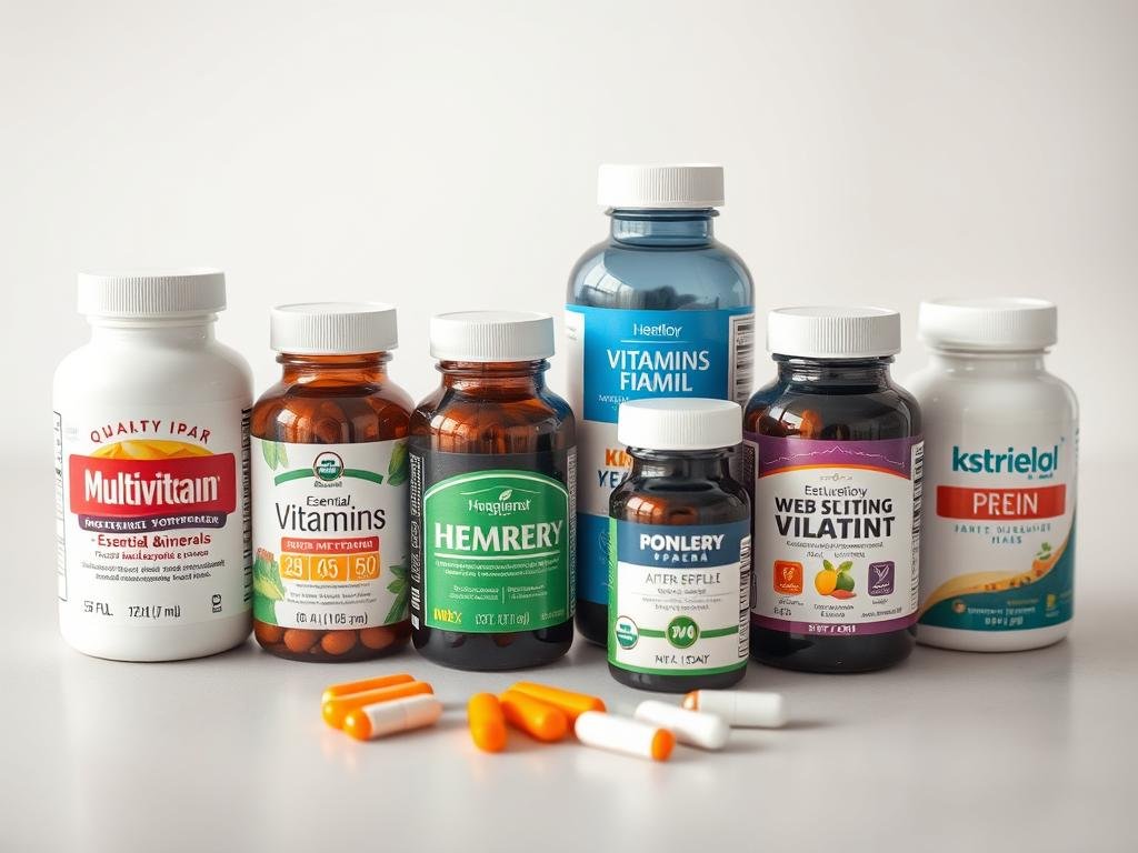 A well-lit, crisp close-up photograph of an assortment of high-quality multivitamin bottles and supplements, arranged neatly on a clean, neutral-toned surface. The bottles should display clear labels highlighting their key features, such as essential vitamins and minerals, organic or natural ingredients, and other health benefits. The lighting should create a sense of clarity and professionalism, showcasing the products in an informative and visually appealing manner. The overall composition should convey a message of informed, responsible supplement selection, reflecting the article's focus on choosing the right multivitamin based on quality, safety, and individual needs.