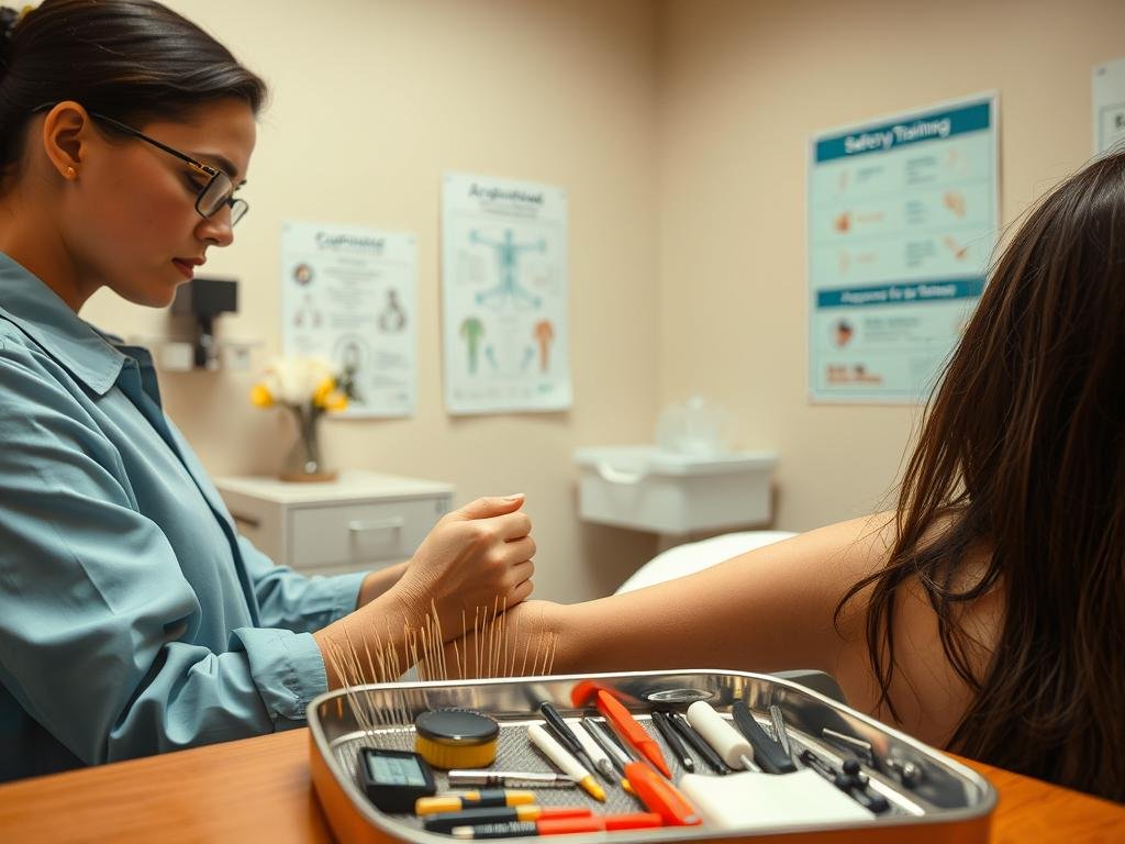 A well-lit medical examination room with a calm, soothing atmosphere. In the foreground, a professional acupuncturist expertly inserting fine, sterile needles into a patient's arm, ensuring proper techniques for safe and effective treatment. In the middle ground, various acupuncture tools and supplies are neatly organized on a tray, conveying a sense of precision and cleanliness. The background features informative posters and diagrams about acupuncture safety protocols, highlighting the importance of proper training and adherence to medical standards. The overall scene radiates a sense of reassurance and trust, showcasing the meticulous care and safety measures involved in responsible acupuncture practice.