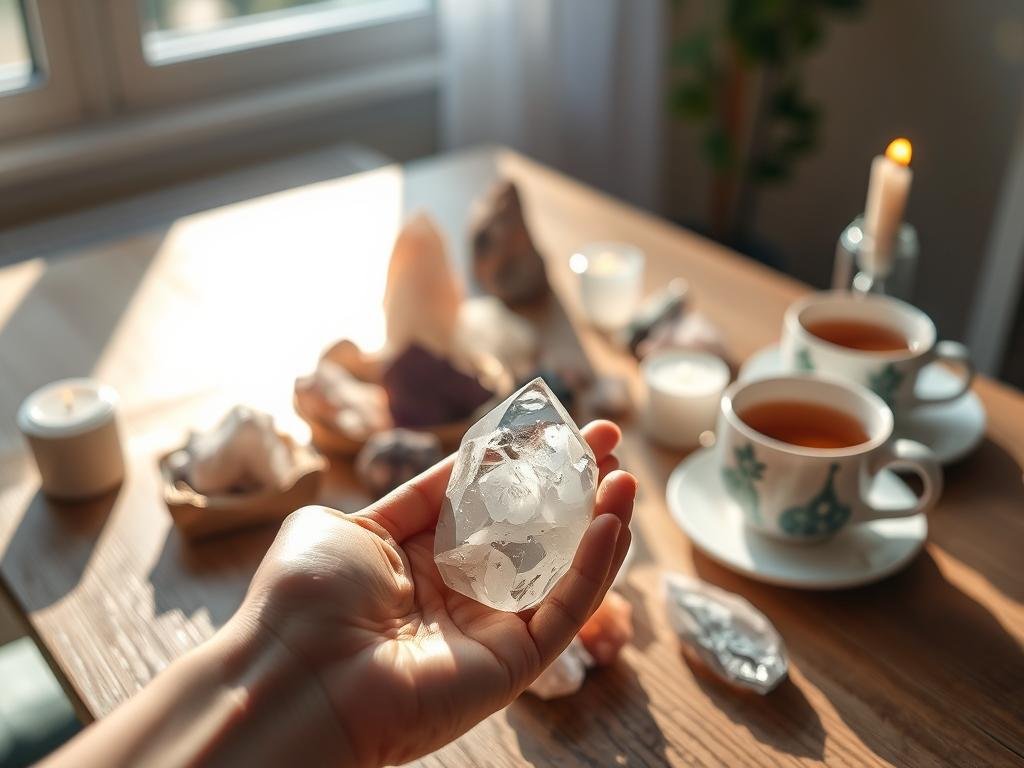 Daily crystal rituals - a serene morning scene with sunlight filtering through a window, illuminating a wooden table adorned with an assortment of crystals, candles, and a cup of tea. In the foreground, a person's hands gently holding a smooth, translucent quartz crystal, its facets catching the warm light. The middle ground features a mix of different crystals, each with its unique shape and color, arranged in a thoughtful, mindful manner. The background is softly blurred, creating a sense of focus and tranquility, as if the viewer is drawn into a moment of introspection and connection with the natural world.