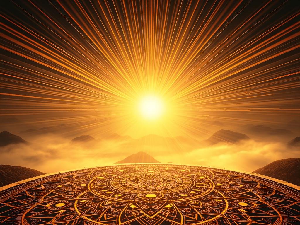 Radiant rays of sound waves emanating from a central source, illuminating a serene, ethereal landscape. Warm, golden light casts a gentle glow, infusing the scene with a sense of tranquility and healing energy. In the foreground, intricate geometric patterns and mandala-like formations pulsate with a rhythmic vibrancy, symbolizing the intricate interconnectedness of matter and vibration. Meticulously detailed, the image invites the viewer to immerse themselves in the science of vibrational healing, capturing the essence of the "The Science Behind Sound Healing" with a visually captivating and harmonious composition.